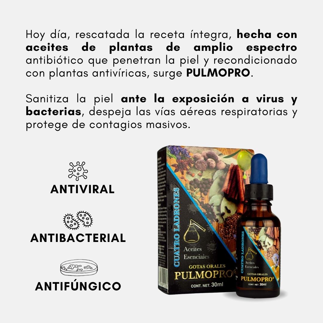 Gotas orales PULMOPRO, CUATRO LADRONES® Romero, árbol del té, olíbano, + 8 CJA/GOT. 30ml