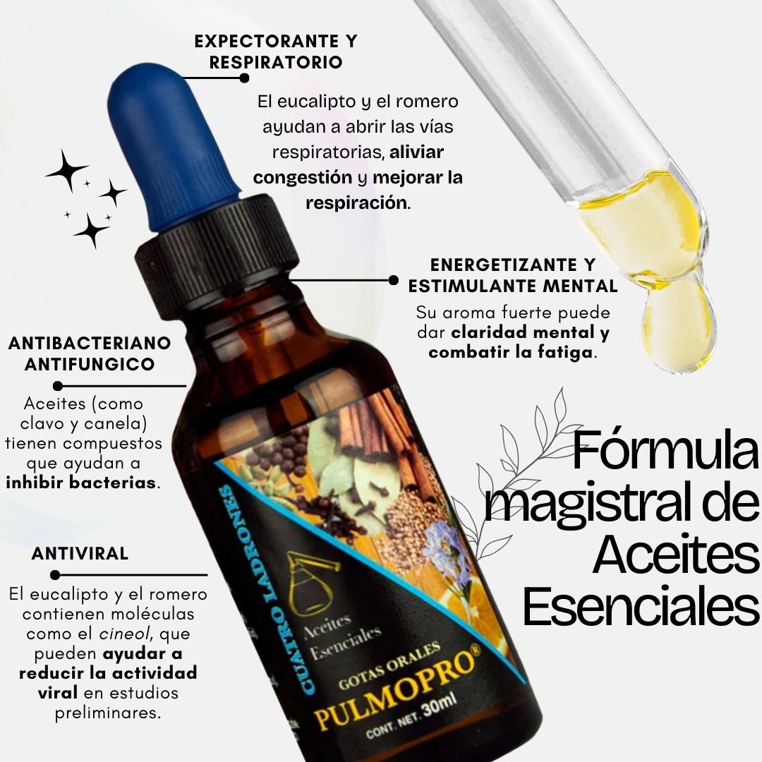 Gotas orales PULMOPRO, CUATRO LADRONES® Romero, árbol del té, olíbano, + 8 CJA/GOT. 30ml