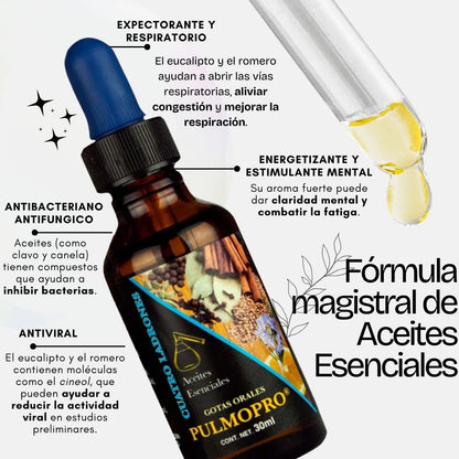Gotas orales PULMOPRO, CUATRO LADRONES® Romero, árbol del té, olíbano, + 8 CJA/GOT. 30ml