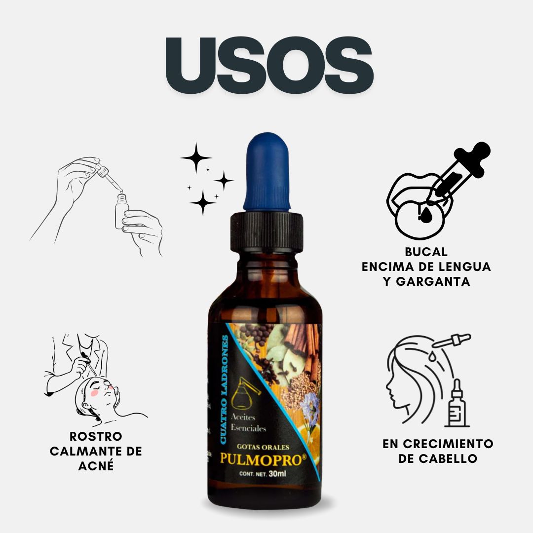Gotas orales PULMOPRO, CUATRO LADRONES® Romero, árbol del té, olíbano, + 8 CJA/GOT. 30ml