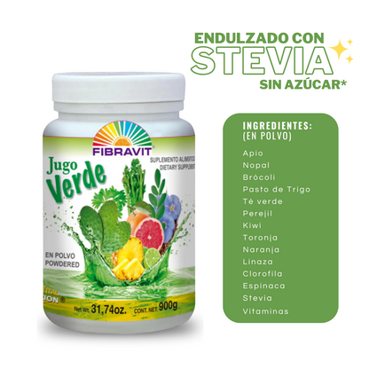 Polvo para preparar FIBRAVIT jugo verde® Nopal, apio, naranja, + 11 FCO. B. DE 900g