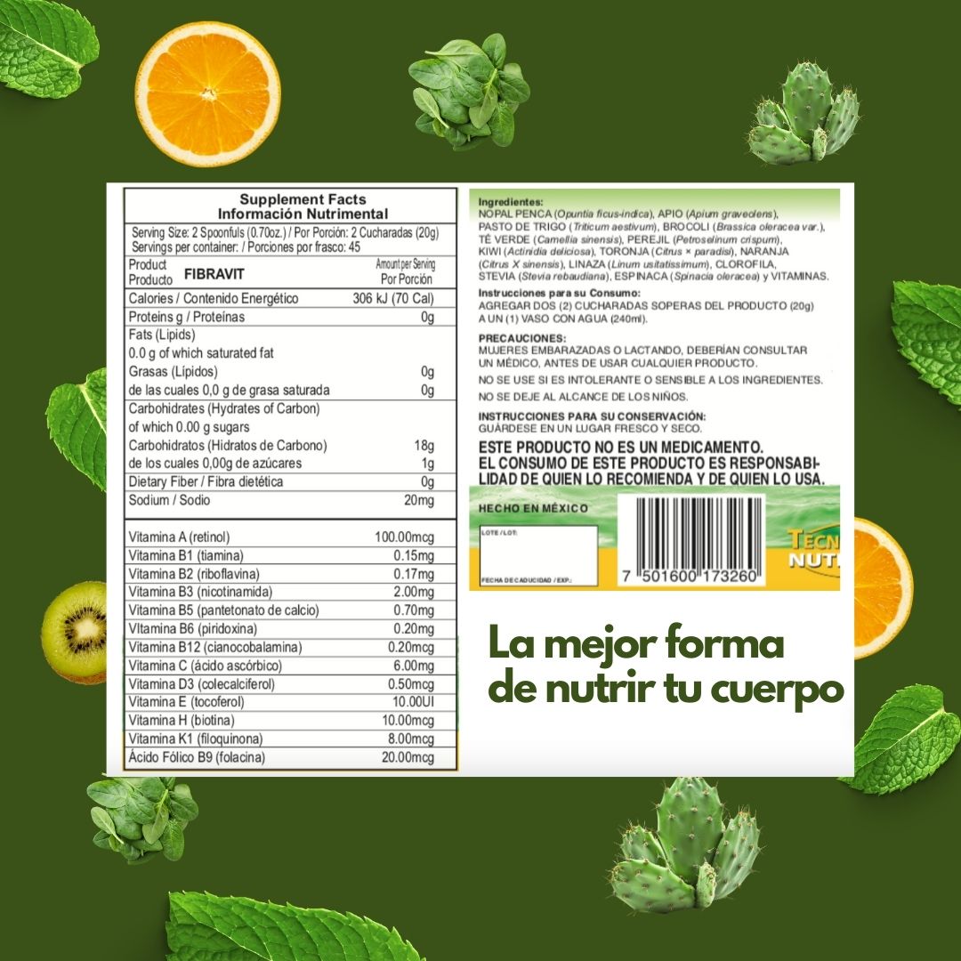 Polvo para preparar FIBRAVIT jugo verde® Nopal, apio, naranja, + 11 FCO. B. DE 900g