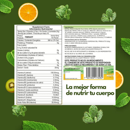 Polvo para preparar FIBRAVIT jugo verde® Nopal, apio, naranja, + 11 FCO. B. DE 900g
