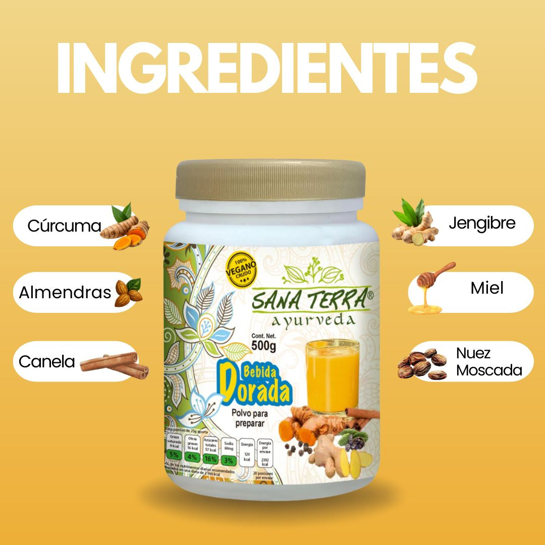 Polvo para preparar SANA TERRA, bebida dorada® Cúrcuma, almendras, miel de abeja, + 4 FCO. B. 500g
