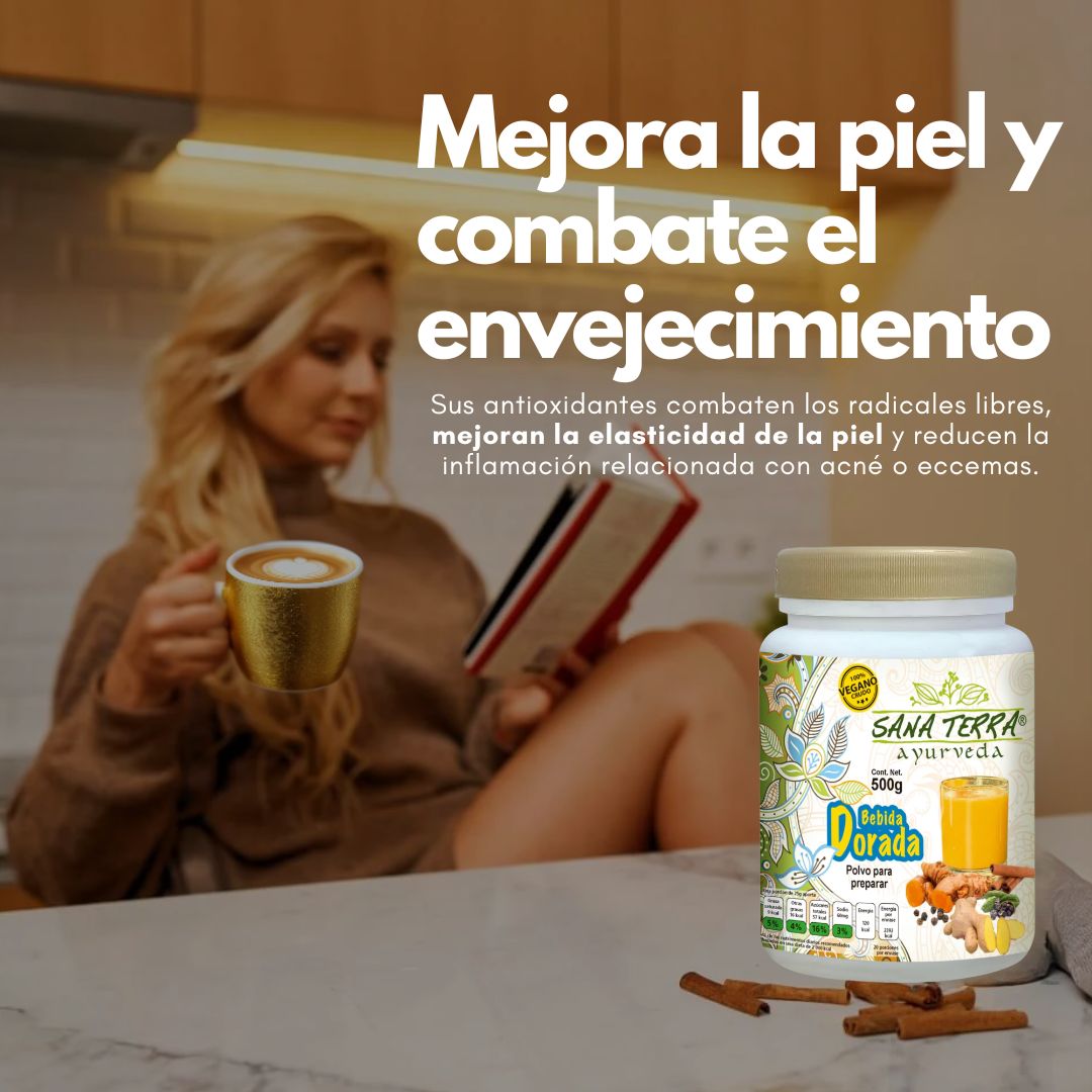 Polvo para preparar SANA TERRA, bebida dorada® Cúrcuma, almendras, miel de abeja, + 4 FCO. B. 500g