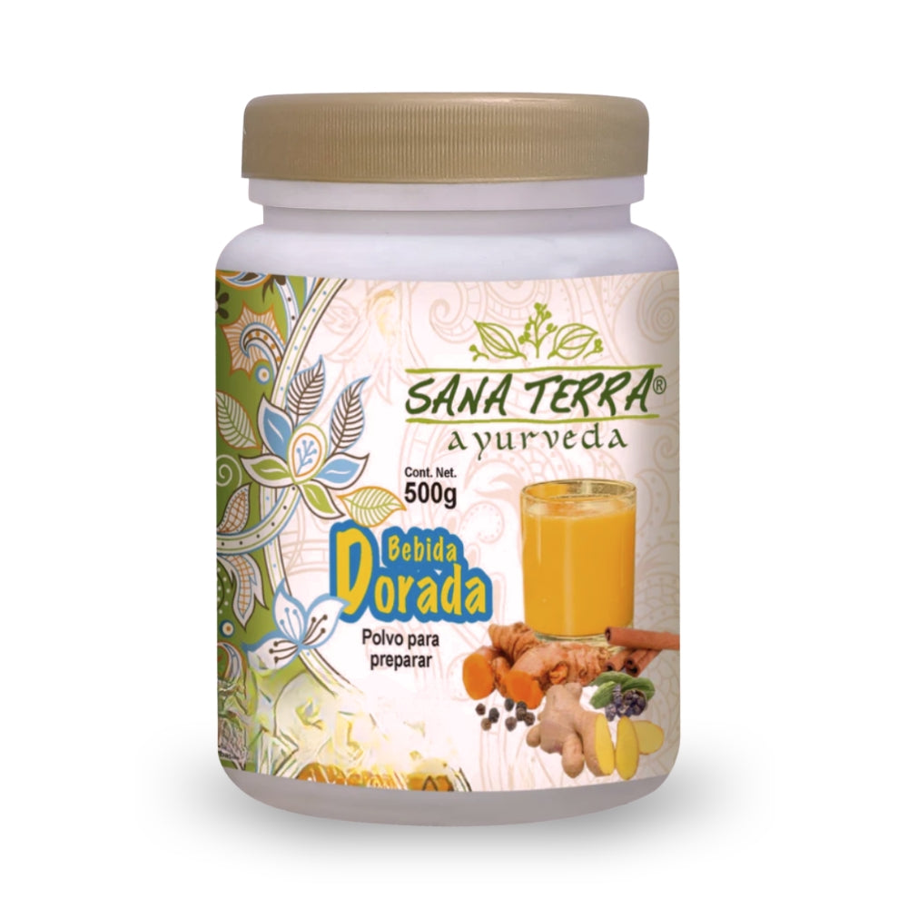 Polvo para preparar SANA TERRA, bebida dorada® Cúrcuma, almendras, miel de abeja, + 4 FCO. B. 500g